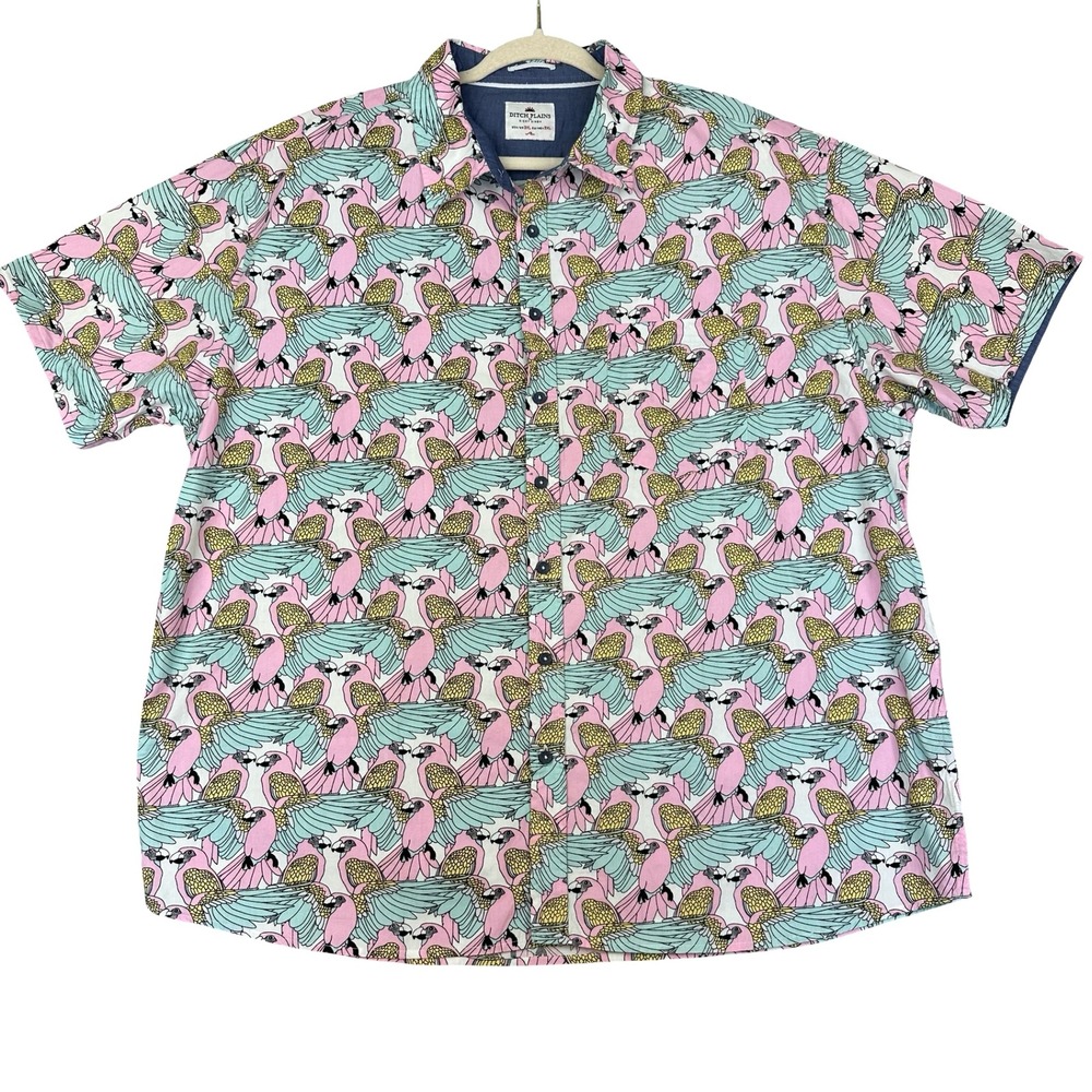 Ditch Plains Ricky Singh Button Up Shirt Mens 3XL Pink Bird Print Short Sleeve